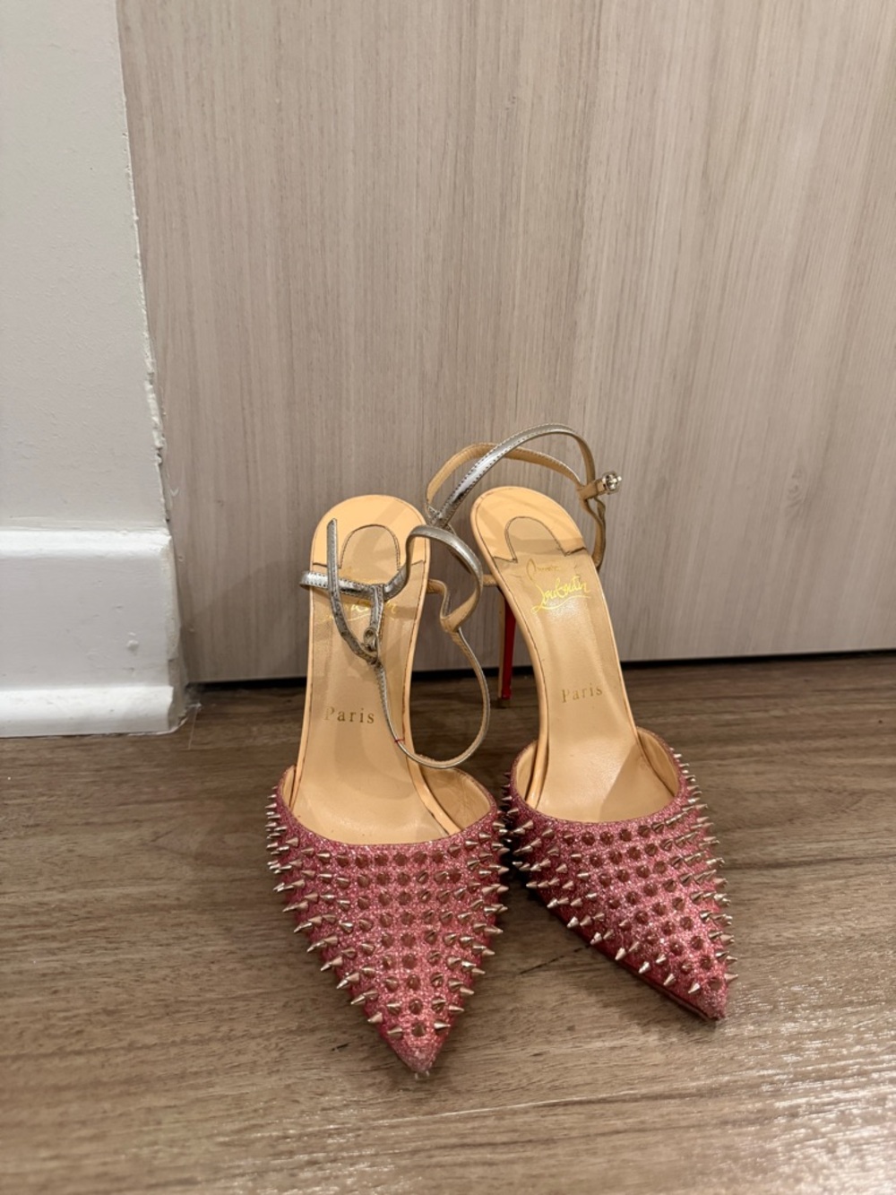 Christian Louboutin Pink Studded Pointed Toe Slingback Heels
